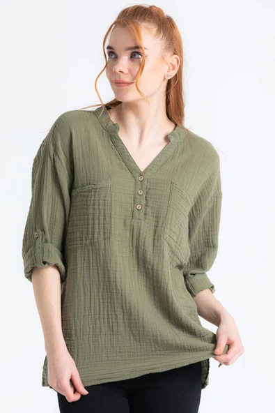 Uzun Kol Asu Yazlık Müslin Bluz Haki Hk 2XL-3XL Haki ürün görseli