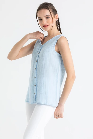 Kolsuz Melis Yazlık Müslin Bluz Buz Mavi Bmv XL Buz Mavi - Resim 4