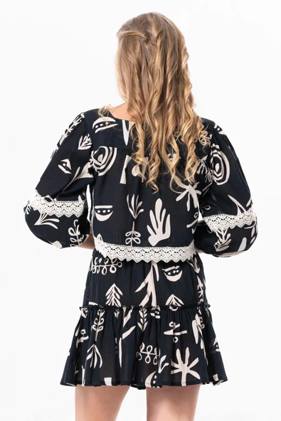 Uzun Kol Şile Bezi Akyaka Güpür Detay Yazlık Otantik Crop Bluz Siyah Syh XL Siyah - 2