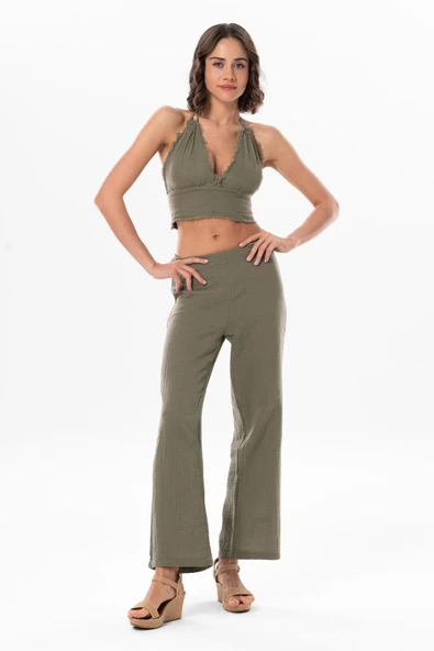 Göcek Bağlama Detaylı Yazlık Müslin Büstiyer Haki Hk L Haki - 5