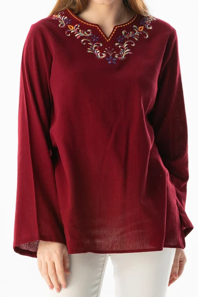 Uzun Kol Şile Bezi Gökkuşağı Nakış Detaylı Yazlık Bluz Bordo Brd S Bordo - 3