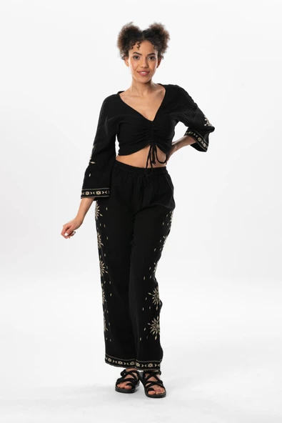 Uzun Kol Günışığı Büzgü Detaylı Yazlık Müslin Bluz Siyah Syh 2XL-3XL Siyah - Resim 5