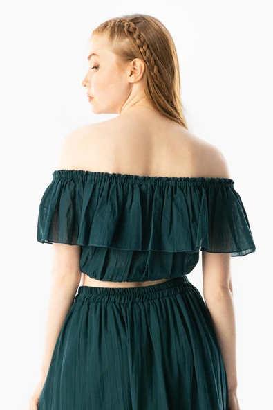 Kısa Kol Vual Lavinya Kayık Yaka Yazlık Bluz Petrol Ptrl L/XL Petrol - Resim 2