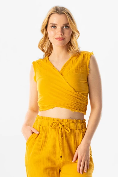 Kolsuz Deren Bel Bağlamalı Yazlık Müslin Bluz Hardal Hrd XS Hardal ürün görseli