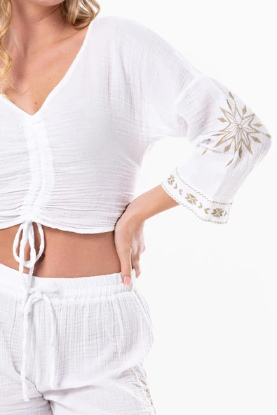 Uzun Kol Günışığı Büzgü Detaylı Yazlık Müslin Bluz Beyaz Byz 2XL-3XL Beyaz - Resim 3