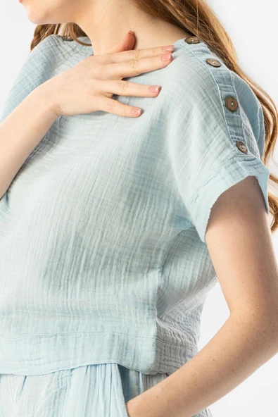 Kısa Kol İzel Yazlık Müslin Bluz Buz Mavi Bmv XL Buz Mavi - Resim 3