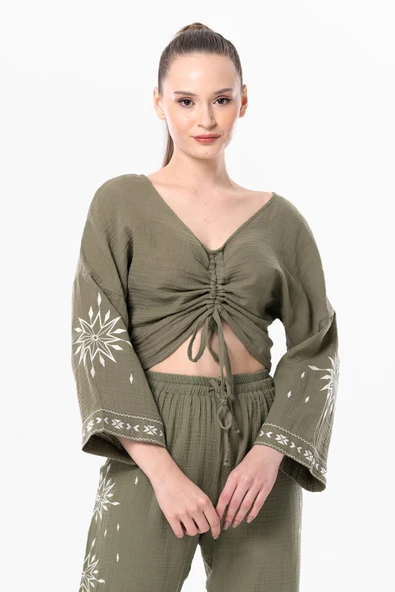 Uzun Kol Günışığı Büzgü Detaylı Yazlık Müslin Bluz Haki Hk L/XL Haki