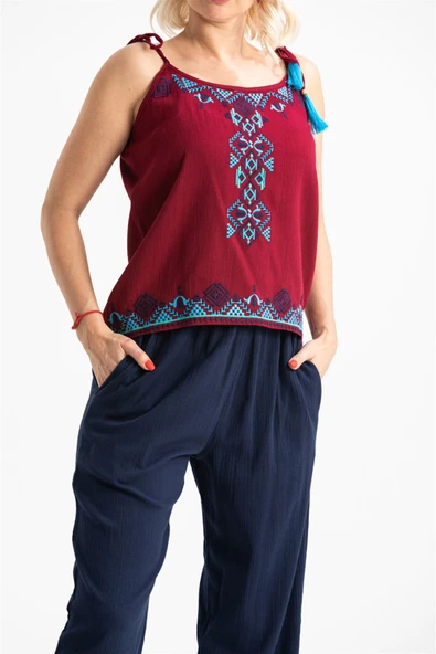 Askılı Şile Bezi Atiye Yazlık Bluz Bordo Brd L Bordo - Resim 3