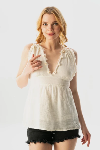 Askılı Köy Bezi Belinda Degaje Yaka Yazlık Bluz Krem Krm M Krem - Resim 5