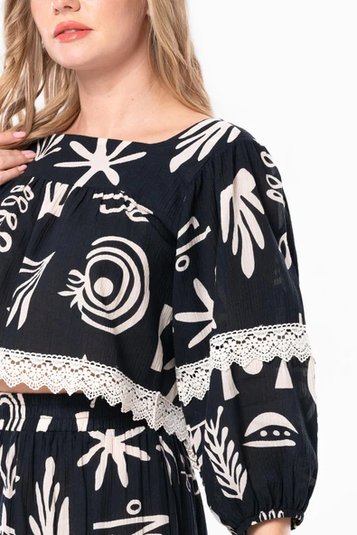 Uzun Kol Şile Bezi Akyaka Güpür Detay Yazlık Otantik Crop Bluz Siyah Syh XL Siyah - 3