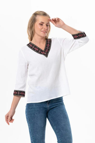 Truvakar Kol V Yaka Nakışlı Talya Şile Bezi Yazlık Bluz Beyaz Byz XL Beyaz - Resim 5