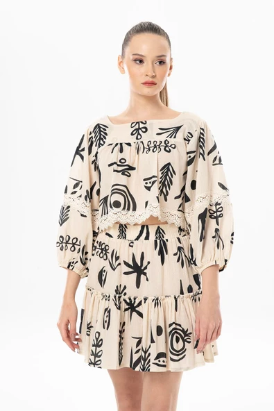 Uzun Kol Şile Bezi Akyaka Güpür Detay Yazlık Otantik Crop Bluz Krem Krm S Krem