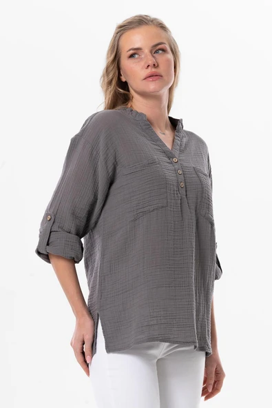 Uzun Kol Asu Yazlık Müslin Bluz Gri Gri 2XL-3XL Gri - Resim 4