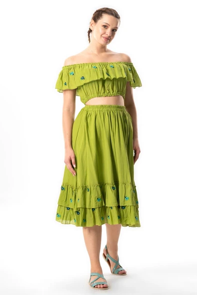 Lavinya Vual Lastik Detaylı Nakışlı Yazlık Crop Bluz Fıstık Yeşili fysl S/M Fıstık Yeşili ürün görseli