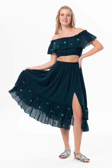 Lavinya Vual Lastik Detaylı Nakışlı Yazlık Crop Bluz Petrol Ptrl L/XL Petrol - Resim 4