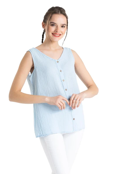 Kolsuz Melis Yazlık Müslin Bluz Buz Mavi Bmv XL Buz Mavi - Resim 7