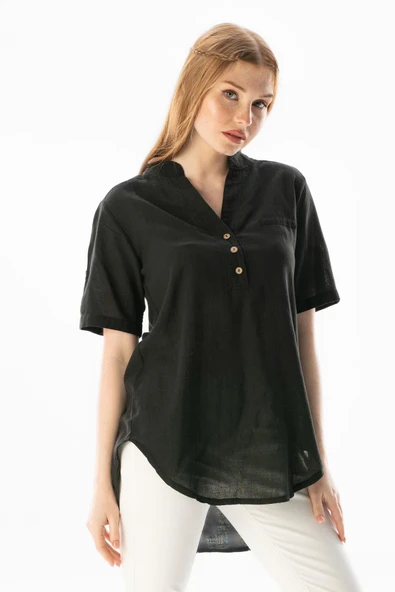 Kısa Kol Şile Bezi Akasya Yazlık Bluz Siyah Syh M Siyah - Resim 5