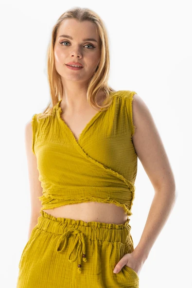 Kolsuz Deren Bel Bağlamalı Yazlık Müslin Bluz Yağ Yeşili Ygysl S Yağ Yeşili - Resim 5