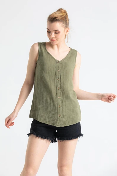 Kolsuz Melis Yazlık Müslin Bluz Haki Hk 2XL Haki - Resim 5