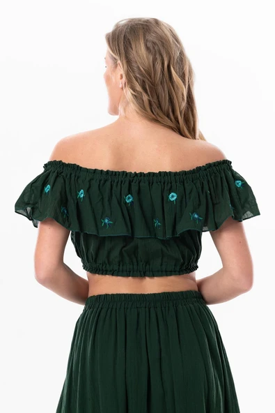 Lavinya Vual Lastik Detaylı Nakışlı Yazlık Crop Bluz Yeşil Ysl L/XL Yeşil - Resim 2