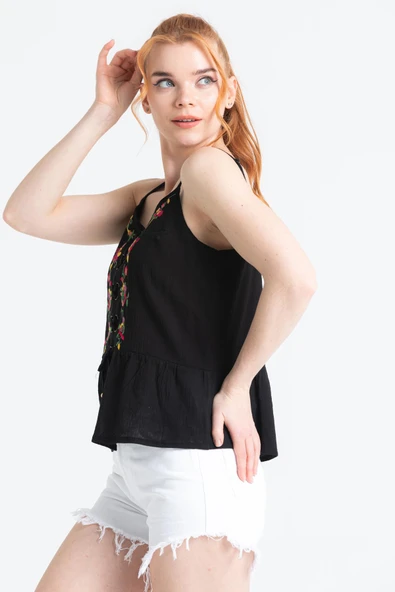 Askılı Şile Bezi Bihter Nakışlı Yazlık Bluz Siyah Syh - Resim 3