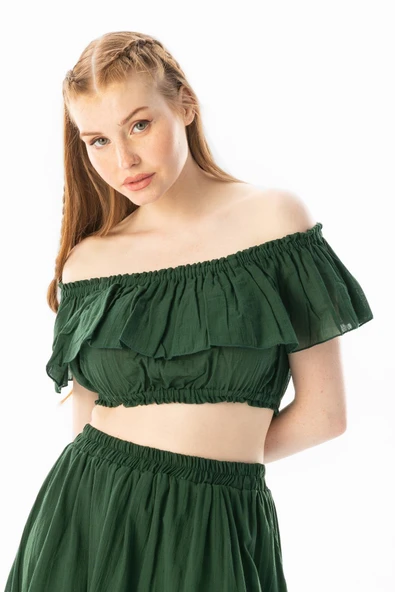 Kısa Kol Vual Lavinya Kayık Yaka Yazlık Bluz Yeşil Ysl S/M Yeşil - Resim 7