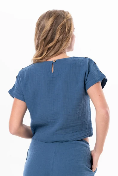 Kısa Kol İzel Yazlık Müslin Bluz İndigo indg S İndigo - Resim 2