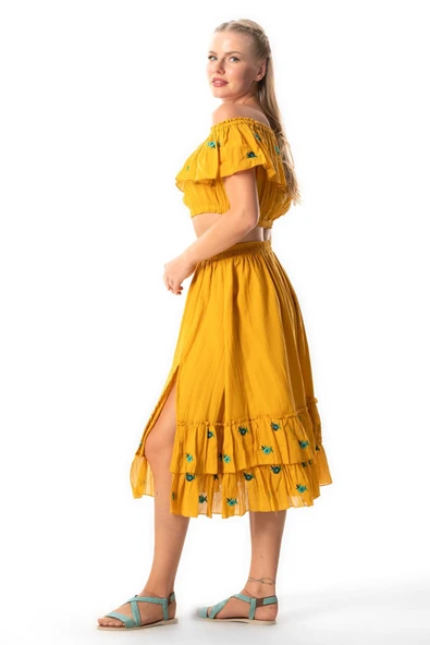 Lavinya Vual Lastik Detaylı Nakışlı Yazlık Crop Bluz Hardal Hrd 2XL-3XL Hardal - Resim 5