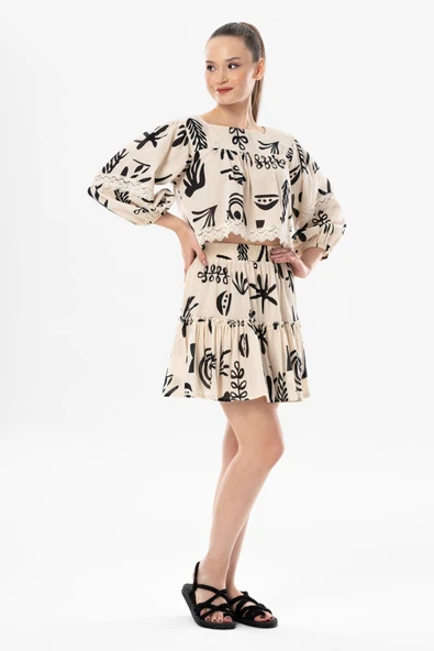 Uzun Kol Şile Bezi Akyaka Güpür Detay Yazlık Otantik Crop Bluz Krem Krm L Krem - 5