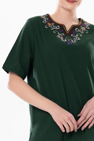 Kısa Kol Şile Bezi Gökkuşağı Nakış Detaylı Yazlık Bluz Yeşil Ysl 3XL Yeşil - 3