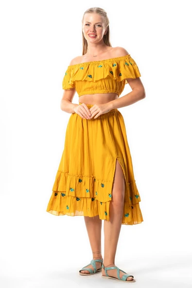 Lavinya Vual Lastik Detaylı Nakışlı Yazlık Crop Bluz Hardal Hrd S/M Hardal ürün görseli