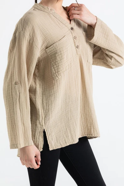 Uzun Kol Asu Yazlık Müslin Bluz Vizon Vzn S/M Vizon - Resim 3