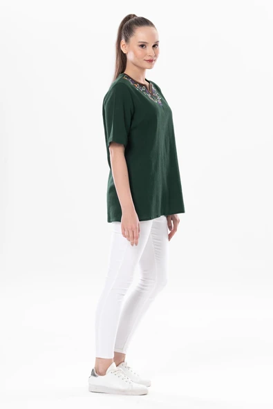 Kısa Kol Şile Bezi Gökkuşağı Nakış Detaylı Yazlık Bluz Yeşil Ysl 3XL Yeşil - 4