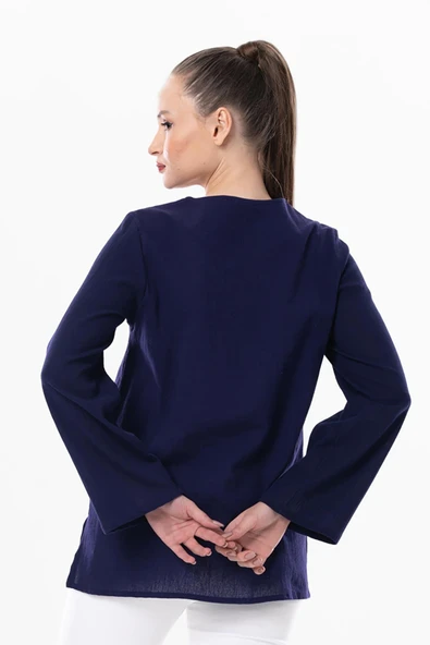 Uzun Kol Şile Bezi Gökkuşağı Nakış Detaylı Yazlık Bluz Mor Mor S Mor - Resim 2