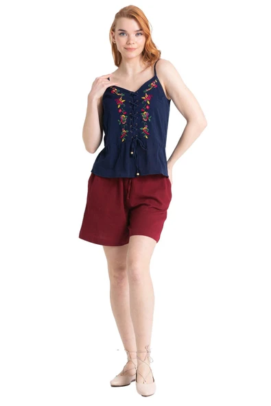 Askılı Şile Bezi Bihter Nakışlı Yazlık Bluz Lacivert Lcvt XS Lacivert - 6