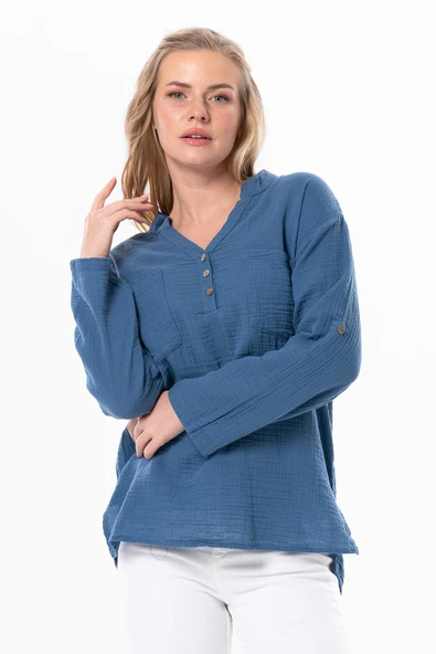 Uzun Kol Asu Yazlık Müslin Bluz İndigo indg 2XL-3XL İndigo - Resim 4