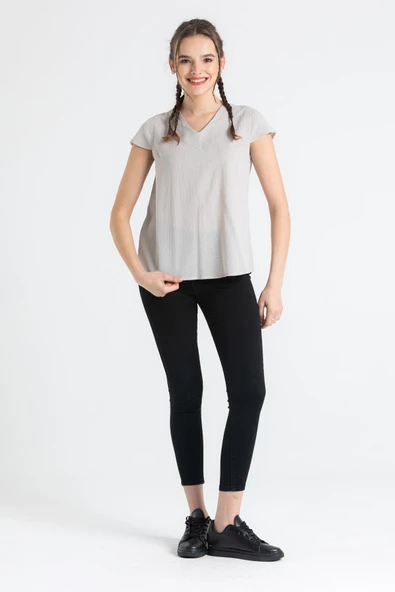 Kısa Kol Şile Bezi Ecem Yazlık Bluz Taş Tas M Taş - Resim 4