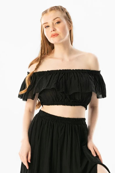 Kısa Kol Vual Lavinya Kayık Yaka Yazlık Bluz Siyah Syh 2XL-3XL Siyah - Resim 5