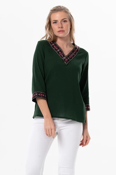 Truvakar Kol V Yaka Nakışlı Talya Şile Bezi Yazlık Bluz Yeşil Ysl S Yeşil ürün görseli