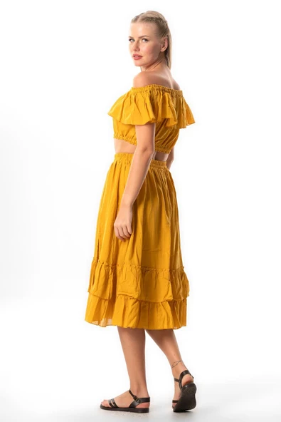 Kısa Kol Vual Lavinya Kayık Yaka Yazlık Bluz Hardal Hrd 2XL-3XL Hardal - Resim 6