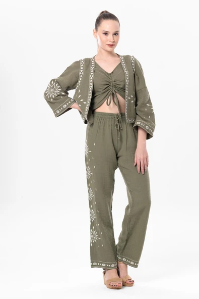 Uzun Kol Günışığı Büzgü Detaylı Yazlık Müslin Bluz Haki Hk 2XL-3XL Haki - Resim 6