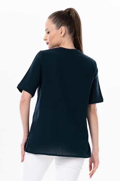 Kısa Kol Şile Bezi Gökkuşağı Nakış Detaylı Yazlık Bluz Petrol Ptrl S Petrol - 2