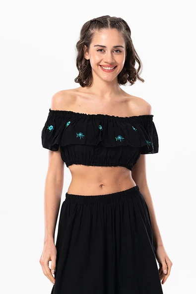 Lavinya Vual Lastik Detaylı Nakışlı Yazlık Crop Bluz Siyah Syh L/XL Siyah ürün görseli