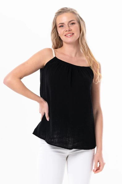 Askılı Alaçatı Yazlık Müslin Bluz Siyah Syh L/XL Siyah ürün görseli