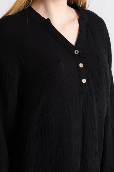 Uzun Kol Asu Yazlık Müslin Bluz Siyah Syh 4XL/5XL Siyah - Resim 3