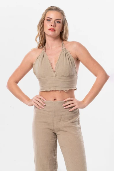 Göcek Bağlama Detaylı Yazlık Müslin Büstiyer Vizon Vzn L Vizon ürün görseli