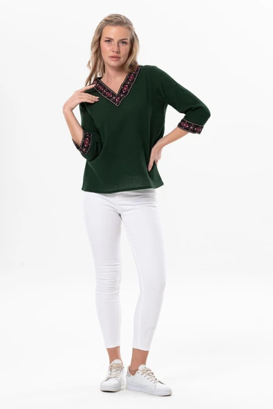 Truvakar Kol V Yaka Nakışlı Talya Şile Bezi Yazlık Bluz Yeşil Ysl S Yeşil - Resim 5