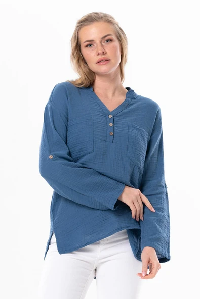Uzun Kol Asu Yazlık Müslin Bluz İndigo indg 2XL-3XL İndigo ürün görseli