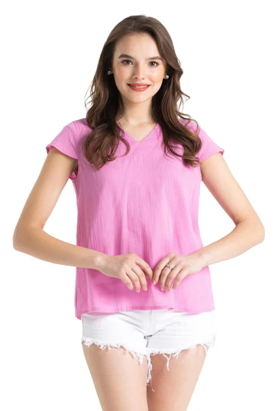 Kısa Kol Şile Bezi Ecem Yazlık Bluz Pembe Pmb XS Pembe - Resim 7