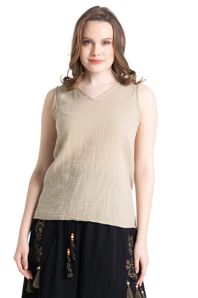 Kolsuz Melis Yazlık Müslin Bluz Vizon Vzn S Vizon - Resim 7